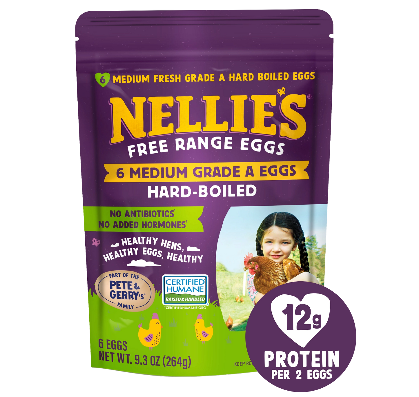 Nellie's free range eggs packaging with a child and chicken.