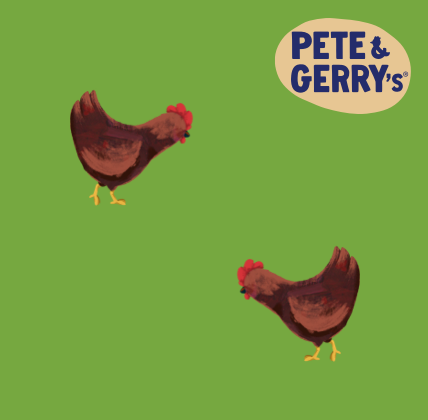 graphic of chickens in open field with pete and Gerry's organic eggs logo nellie's free range eggs