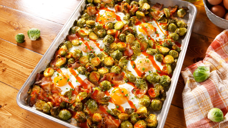 Sheet Pan Brussels Sprout Bacon Egg Hash