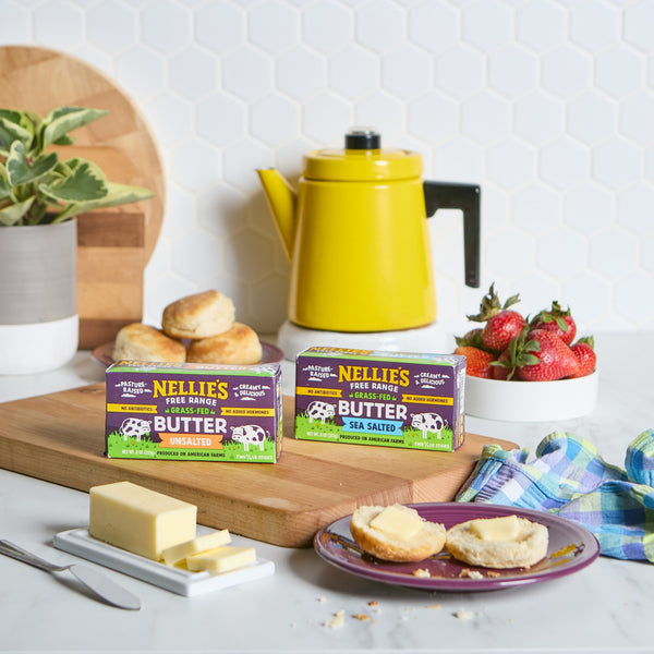 Nellie's Free Range Grass-Fed Butter in Unsalted and Sea Salted varieties.