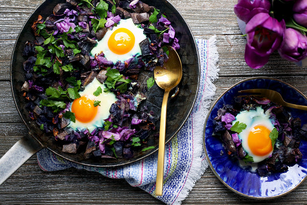 Cheesy Purple Potato and Cabbage Hash