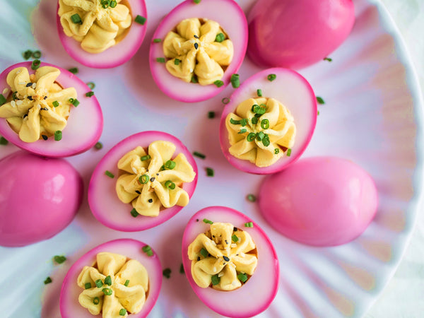 Beet Pickled Deviled Eggs With Goat Cheese Filling