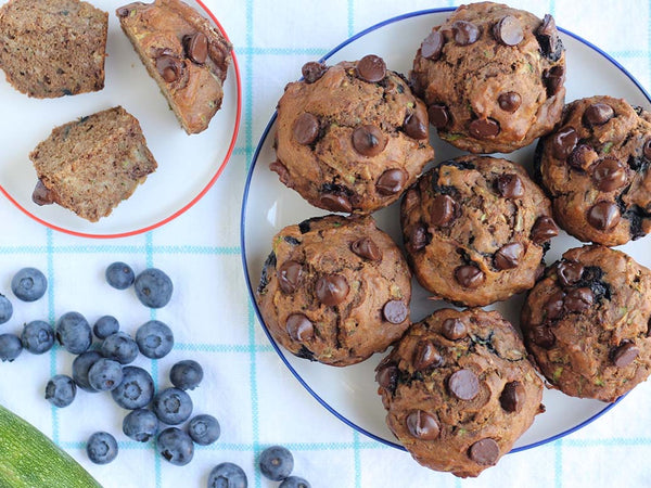 Chocolate Chip Zucchini Muffins with Blueberries