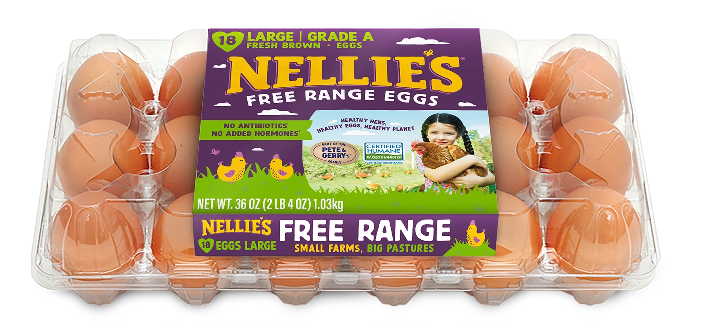 Nellie's Free Range Eggs packaging with eggs.