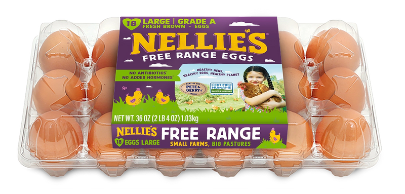 Nellie's Free Range Eggs packaging with eggs.