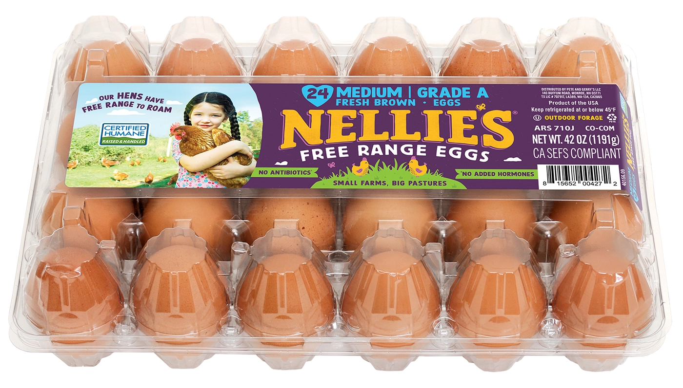 Carton of Nellie's free-range eggs with a label featuring a girl holding a chicken.