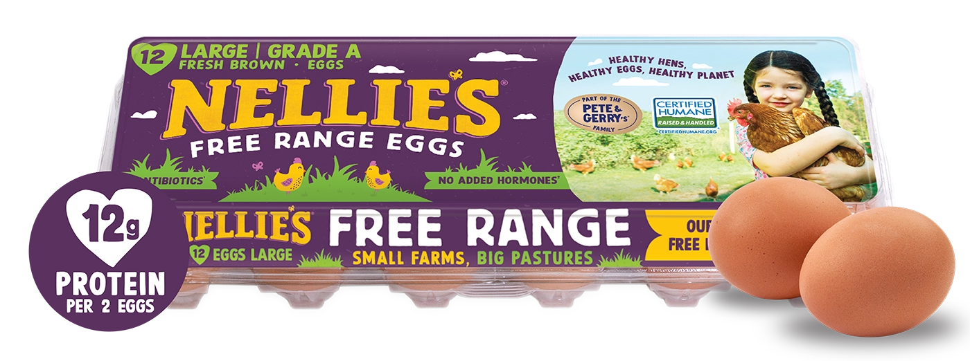 Nellie's Free Range Eggs packaging with two eggs.