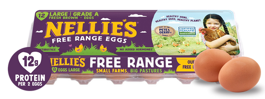 Nellie's Free Range Eggs packaging with two eggs.