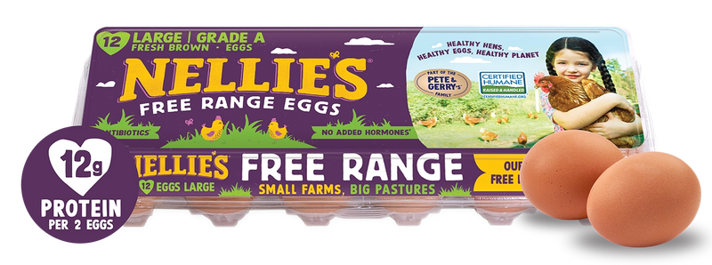 Nellie's Free Range Eggs packaging with two eggs.