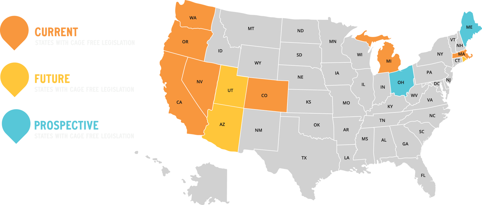 Map of the United States indicating cage-free laws scheduled.